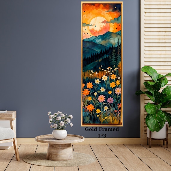Long Narrow Klimt Style Floral Landscape Canvas, Sparkling Full Moon & Wildflower Wall Art, Framed Ready to Hang Vertical Decor, Dreamy Art