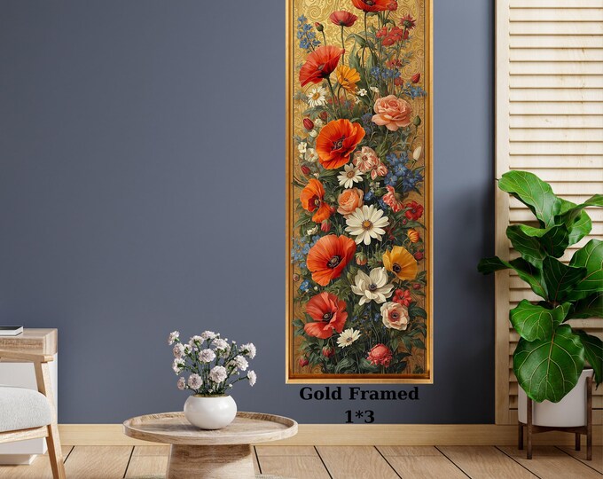 Golden Floral Canvas Art, Vertical Poppy Rose Wall Decor, Framed Flower Poster