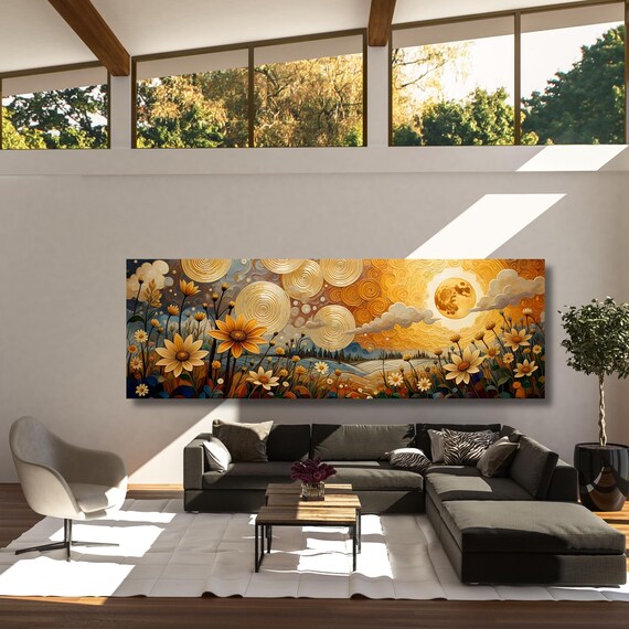 Klimt Full Moon Wildflower Canvas, Flower Garden Flower Market canvas, Moonlit Pine Tree Forest wall Art, Rustic Mountain Art, Klimt Gift