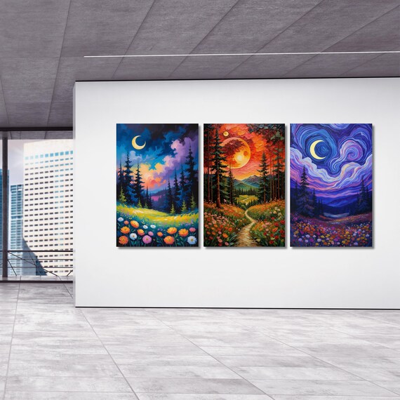 Set of 3 Klimt Style Night Full Moon & Crescent Canvas, Golden Stars Wall Art, Modern Flowers Night Sky Print, Celestial Bedroom Decor Art