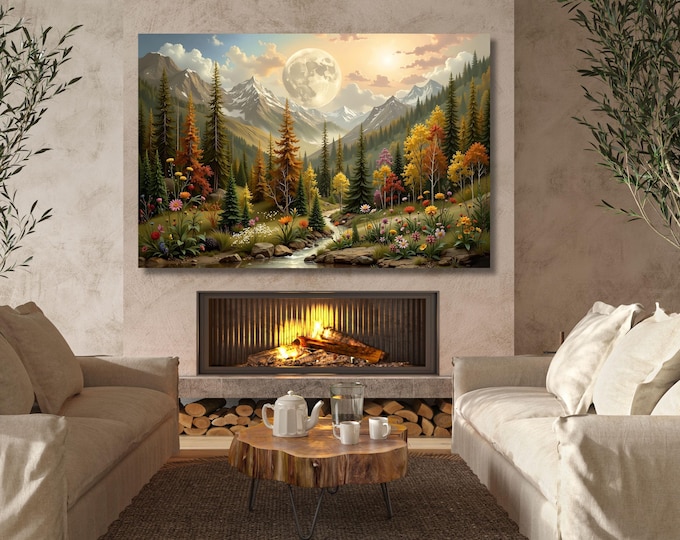 Klimt Flower Moon Canvas: Moonlit Pine Forest Print