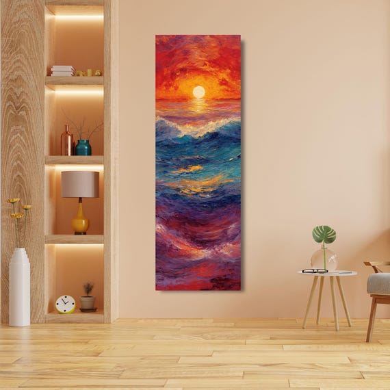 Panoramic Sunset Ocean wave Canvas Wall Art,Framed Canvas Japanese Style Mid Century Exhibition Long Narrow Print,Large Modern Living Room