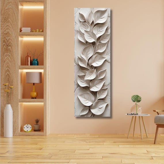 3D Look White Leaves Long Vertical Canvas Art, Modern Minimalist Botanical Wall Decor, Textured Appearance Floral Mural, Narrow Wall Art
