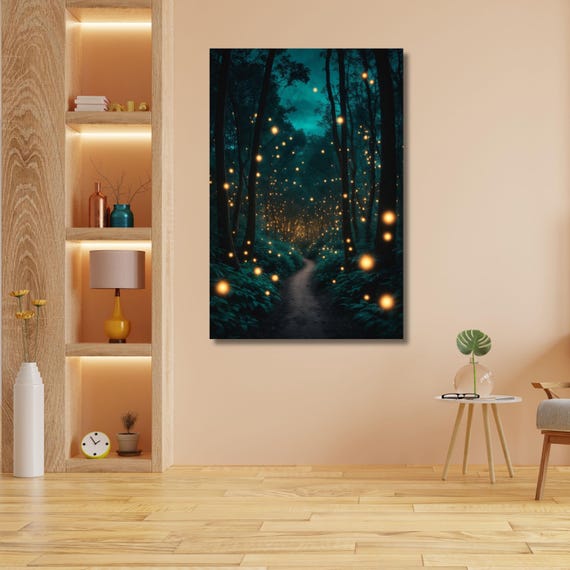 Twilight Forest Canvas Art, Enchanted Firefly Path Print