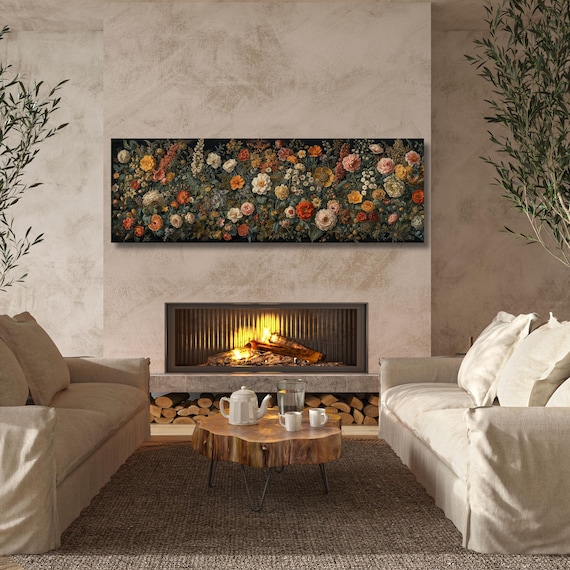 Floral Panorama Canvas Art, Moody Botanical Wildflower Wall Decor, Framed Garden Print Ready to Hang, Large Horizontal Flower Poster Art