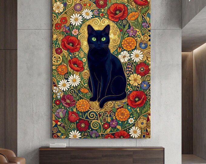 Klimt Style Cat Canvas Wall Art – Golden Art Nouveau Animal Decor Print