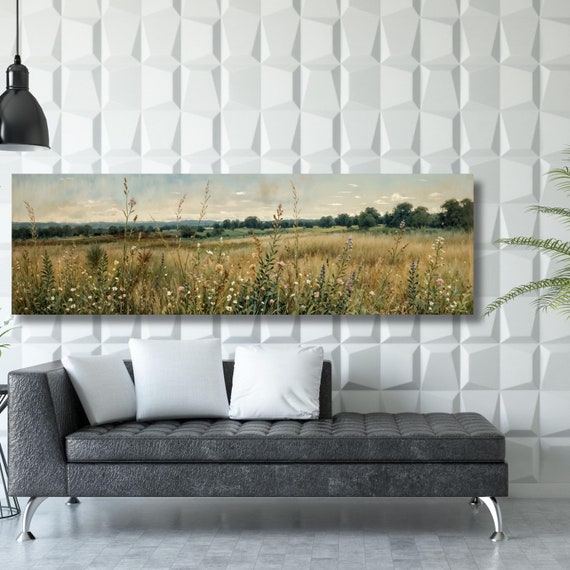 Panoramic Landscape Wall Art Wildflower Field Oil Painting Large Canvas Wildflower Field Canvas Vintage Botanical Wildflower Minimalist gift