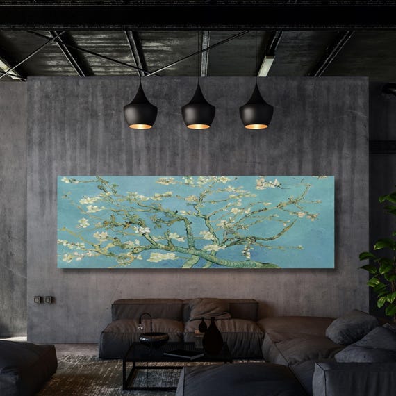 Panoramic Van Gogh Almond Blossom Canvas Print,Restored Classic Wall Art,Teal Blue Floral Painting, Large Museum Quality Print,Impressionist