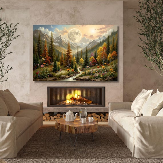 Klimt Flower Moon Canvas: Moonlit Pine Forest Print