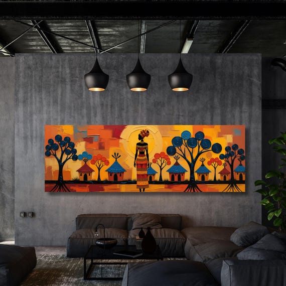 Panoramic Traditional African Village Scene Canvas Wall Art Cultural Canvas Wall Art Unique Gift Home Decor Ethnic Afrocentric Wall Art gift