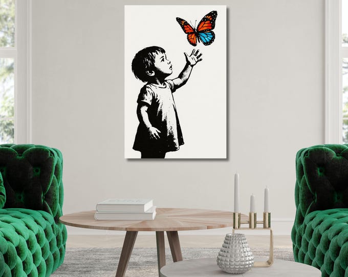 Boy Reaching Butterfly Canvas Art, Banksy Street Graffiti Wall Decor