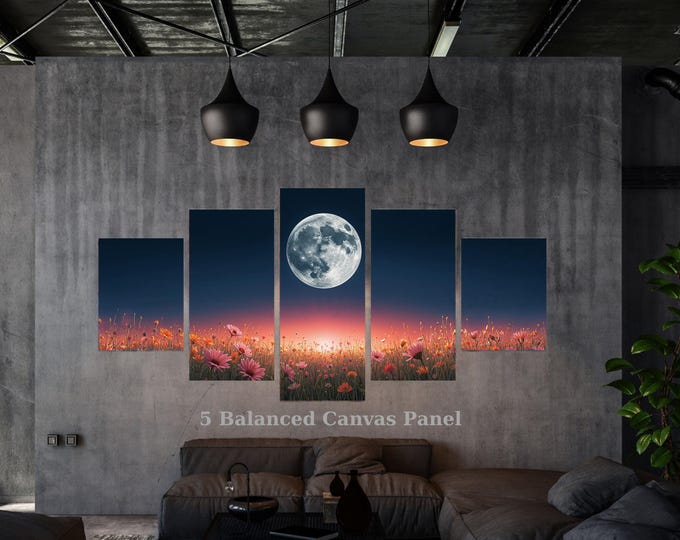 Moonlit Wildflower Field Canvas Art, Bohemian Pink Flowers, Multi Panel Set