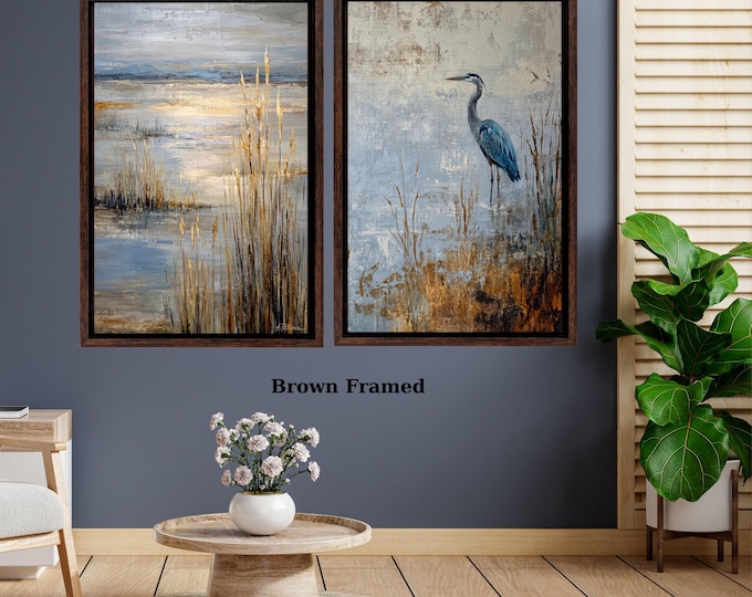 Set of 2 Blue Heron Canvas Wall Art Coastal Marshland Canvas Print 2 Piece Diptych Painting Egret Bird Artwork Living Room Wall Decor Poster