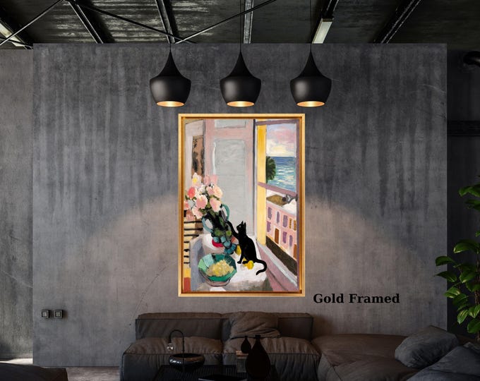 Matisse-Inspired Cat and Roses Canvas – Whimsical Still Life Wall Art