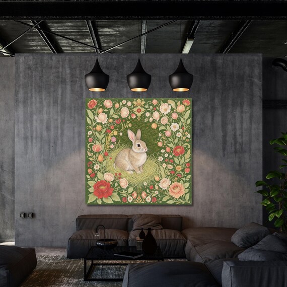Whimsical Rabbit Canvas in William Morris Style Vintage Floral Wall Art Animal Nature Print for Nursery, Cottagecore or Classic Home Decor
