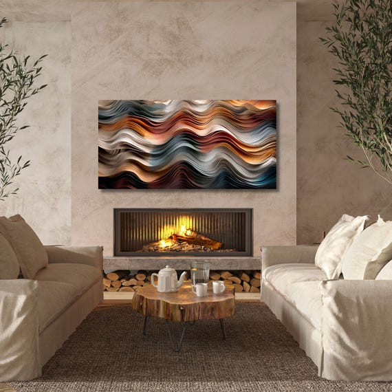 Natural Wood Texture Print Rustic Earthy Large Painting Elegant Modern Wall Decor Housewarming Gift art Abstract Waves Canvas Wall Art Ring