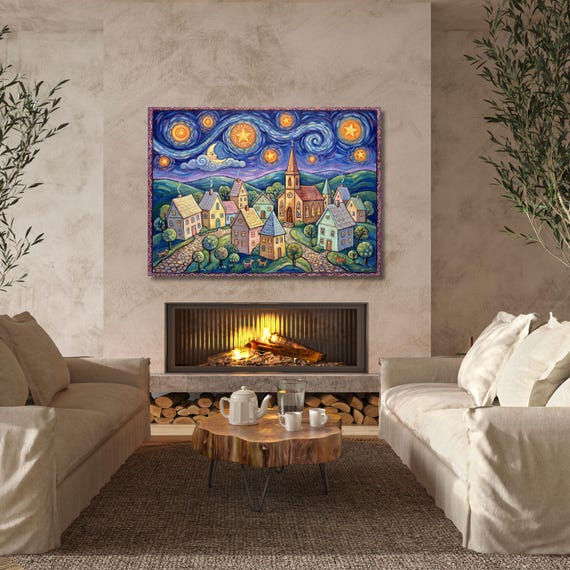 Gustav Klimt Village Night Canvas Print – Moon & Stars Fine Art Poster, Starry Vintage Wall Decor Nature Wall Decor for Home Klimt Gift