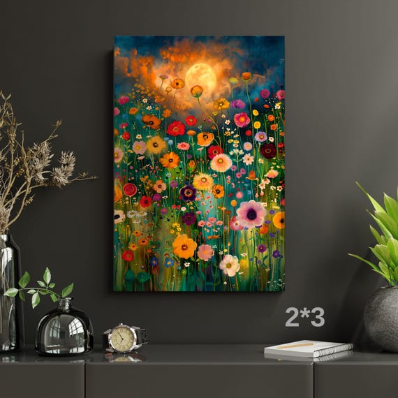Klimt Flower Meadow Canvas Art, Colorful Mosaic Nature Decor, Impressionist Apple Tree Painting, Gold and Green Floral Wall Decor