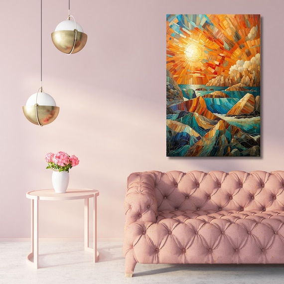 Long Sunshine Canvas, Bedroom Wall Art, Sunrise Mosaic Wall Art Above Panoramic Sun Wall Art Christmas Gift Artwork Sunset Canvas Wall Art