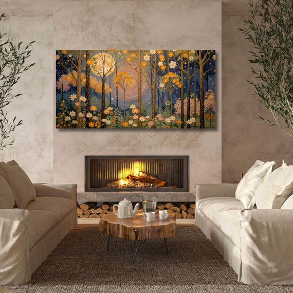 Moonlit Forest Canvas Wall Art: Vintage Wildflower Painting