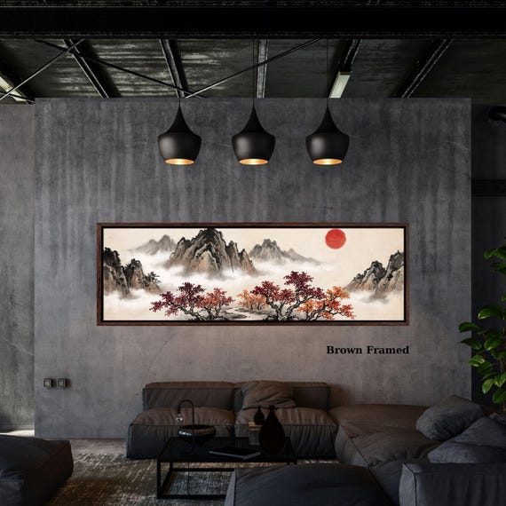 Panoramic Japanese Mountain Landscape Wall Art – Vintage Asian Red Sun Framed Horizontal Print
