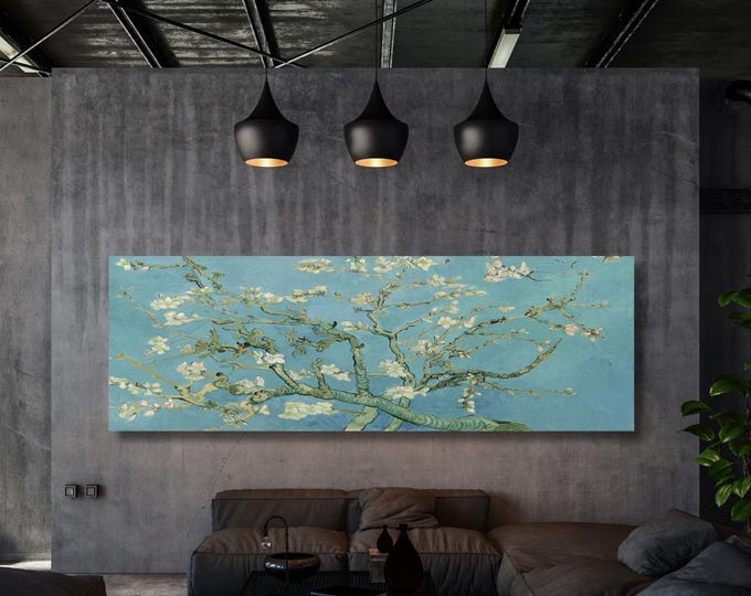Panoramic Van Gogh Almond Blossom Canvas Print,Restored Classic Wall Art,Teal Blue Floral Painting, Large Museum Quality Print,Impressionist