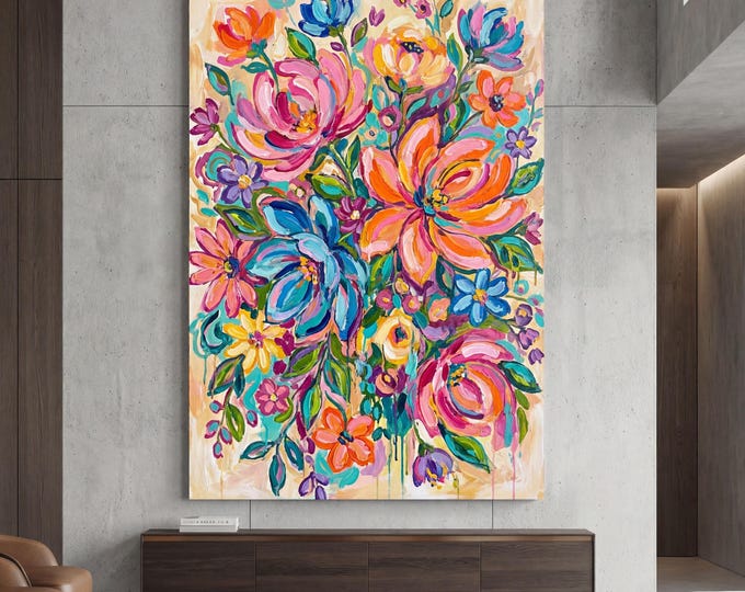Vibrant Floral Abstract Canvas Art, Colorful Bouquet Wall Decor, Modern Impressionist Flower Painting