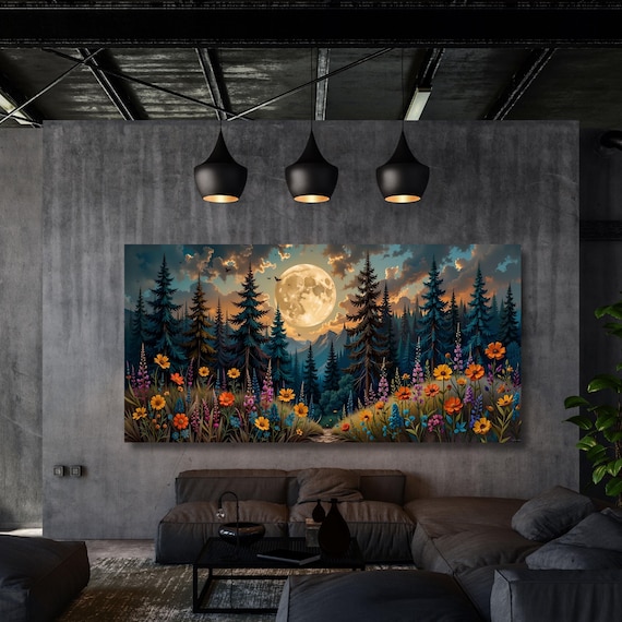 Forest Wildflowers Canvas Wall Art, Moonlit Pine Tree Forest Wall Art, Rustic Forest Painting, Full Moon Wall Art Painting Vintage Forest