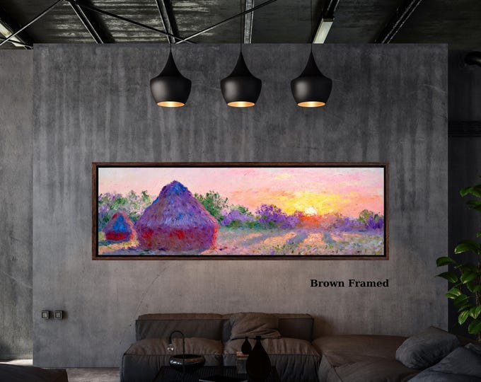 Panoramic Impressionist Haystacks Sunset Canvas Wall Art – Colorful Rural Landscape Oil Painting