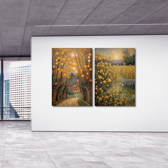 Set of 2 Gustav Klimt Landscape Wildflower Canvas Wall Art Klimt Large Wall Art,Vintage Art,Green Art, Gift,Wall Decor Poppy Fields Print,