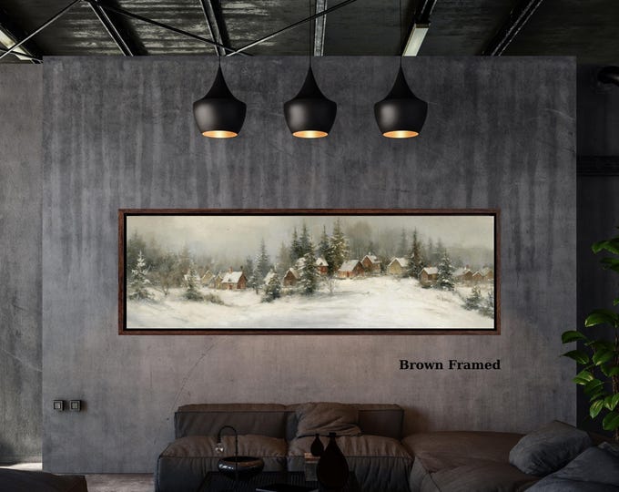 Cozy Winter Village Scene Canvas Wall Art – Snow Covered Homes Wall Art, Rustic Holiday Christmas Decor