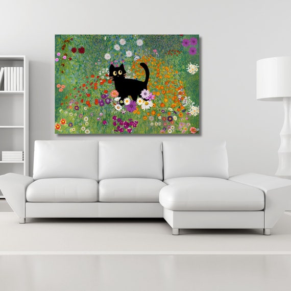 Klimt Black Cat In A Garden  Canvas Wall Art cat garden Ready To Hang Canvas Wall Art,Gustav Klimt Canvas Print Flower Garden Flower Market