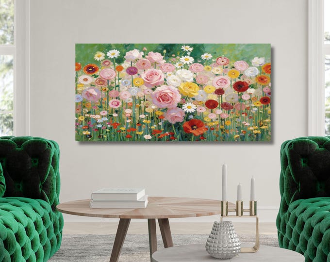 Gustav Klimt Inspired Flower Garden Canvas Wall Art, Panoramic Wildflower Meadow Painting, Floral Impressionist Decor, Large Horizontal Art