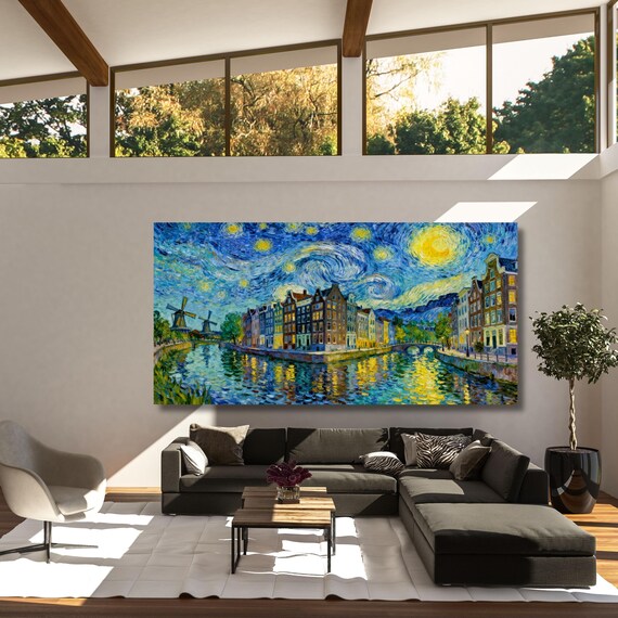 Amsterdam in the Style of Van Gogh – Starry Night Inspired Canvas Wall Art Ready to Hang/ poster City Night Wall Art