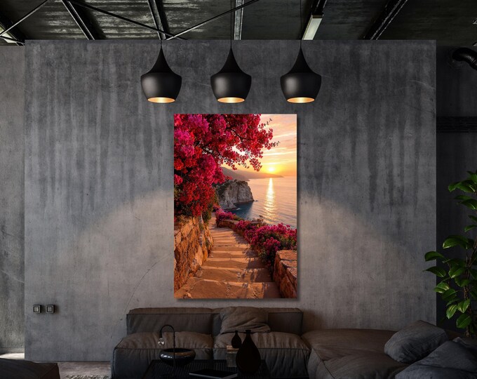 Matisse Style Sunrise by the Sea Canvas Wall Art, Coastal Stairway with Red Flowers, Mediterranean Landscape Print for Home Decor wall art