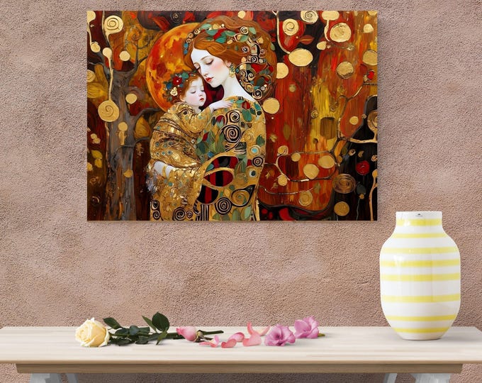 Mother and Child Gustav Klimt Style Canvas – Modern Gold Symbolist Wall Art