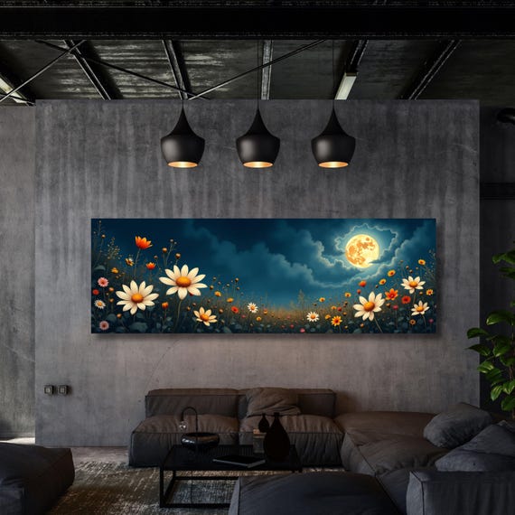 Full Moon Wildflower Canvas, Flower Garden Flower Market canvas, Moonlit Pine Tree Forest wall Art, Rustic Mountain Art, Woodland Klimt Gift