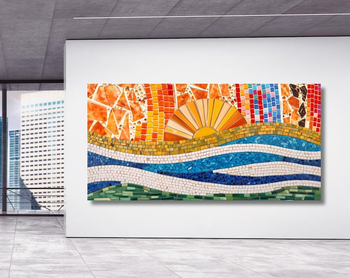 Sunrise Mosaic Wall Art, Panoramic Sun, Sunset Canvas, Bedroom Decor
