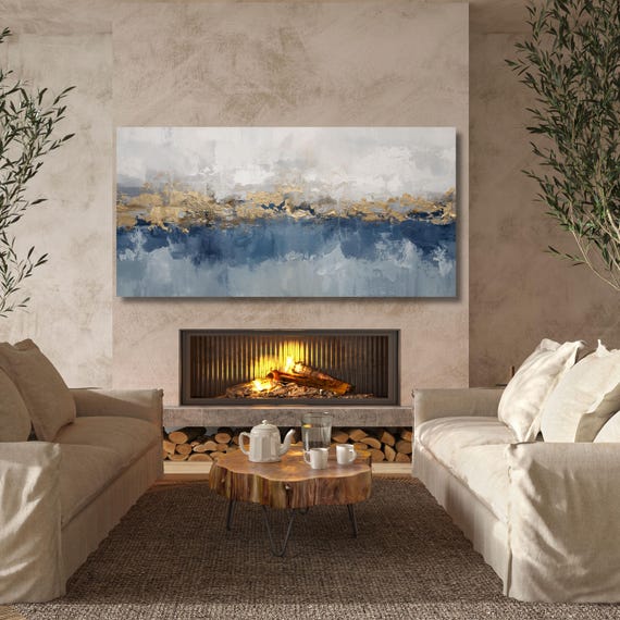 Blue Gold Abstract Canvas Wall Art, Large Horizontal Framed Print, Oversized Minimal Modern Painting, Luxury Home Decor Wall Hangings art