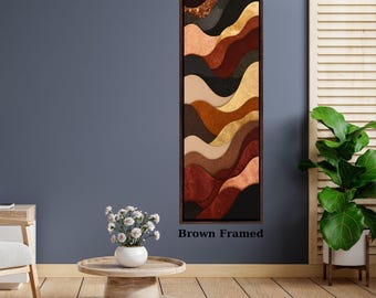May include: A vertical rectangular wall art piece in a brown frame featuring layered, wavy abstract shapes in shades of black, dark brown, copper, gold, and beige. The artwork displays a textured, flowing design with metallic gold accents.