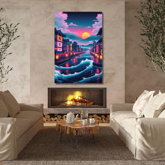 Neon Tokyo Canvas Wall Art Sun Tokyo Print, Japanese Inspired City Art, Anime City Art, Framed Printed Canvas Art, Vaporwave City Wall Art