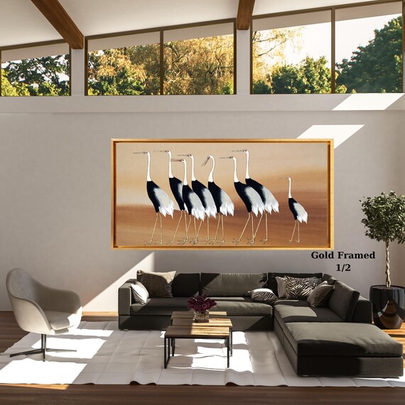 Japanese Minimalist Crane Wall Art – Mid Century Neutral Boho Bird Canvas Print