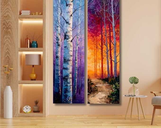 Set of 2 Tall Birch Forest Canvas – Klimt Inspired Vertical Wall Art Decor