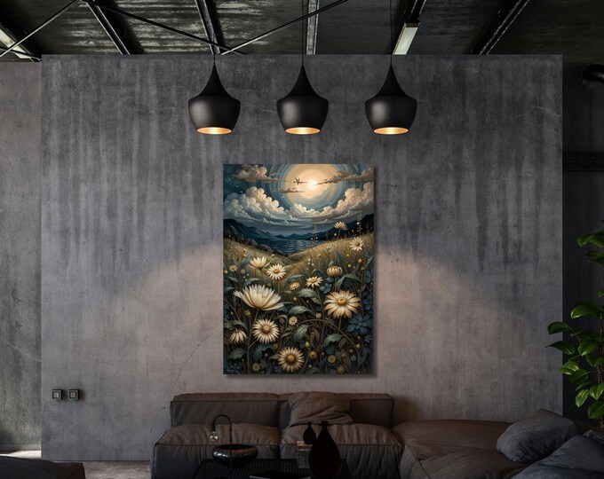 Full Moon Wildflower Canvas: Moonlit Pine Forest, Rustic Mountain Art