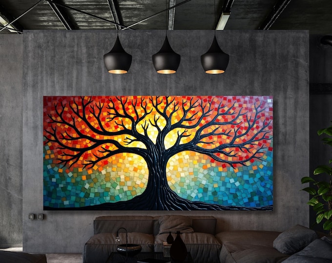 Mosaic Stained Glass Effect Tree of Life Canvas Wall Art Yggdrasil Painting,Mosaic Canvas Poster,Gustav Klimt Style Poster,Klimt Exhibition