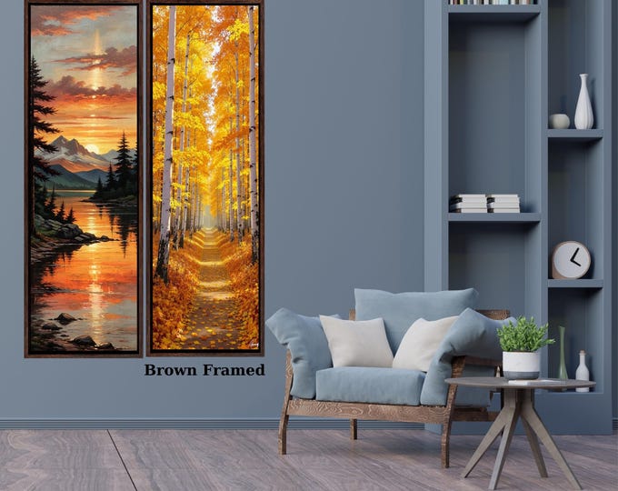 Set of 2 Tall Narrow Vintage Nature Canvas Wall Art  Long Vertical Forest Dining Room, Living Room, Office Print Long and Narrow Wall Art