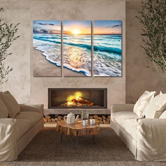 Set of 3 Beach Sunset Canvas Wall Art,Ocean Landscape Print,Coastal Seaside Canvas Decor,Tropical Horizon Artwork,Relaxing Beach Home Art