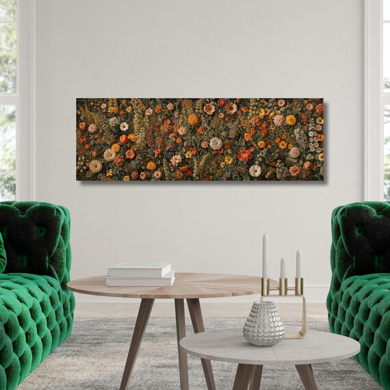 Floral Panorama Canvas Art, Moody Botanical Wildflower Wall Decor, Framed Garden Print Ready to Hang, Large Horizontal Flower Poster Art