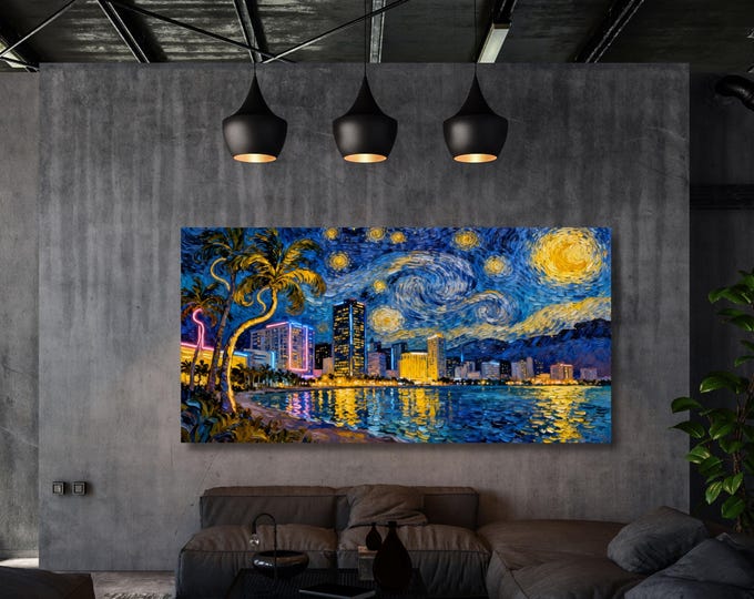 Canvas Wall Art: Miami Night Scene - Van Gogh Starry Style