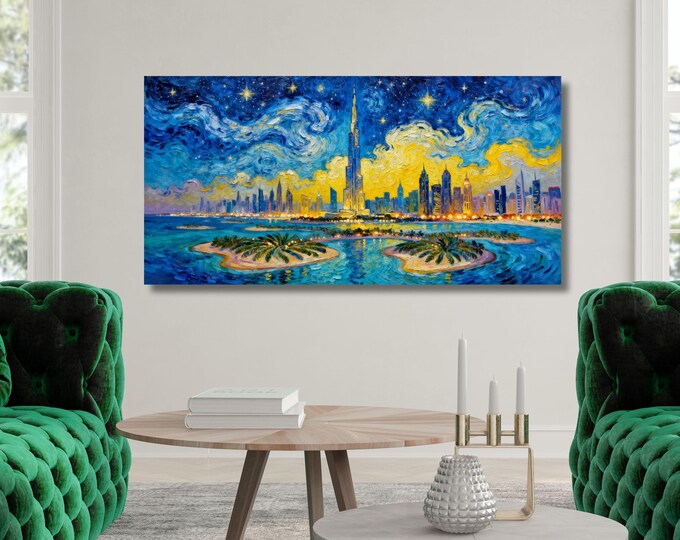 Canvas Wall Art: Dubai Night Scene Inspired by Van Gogh - Ready to Hang